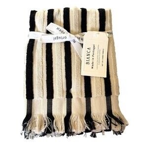 Bianca Hand Towels Set of 2 Luxury Ivory Black Stripe Made in Portugal Textured